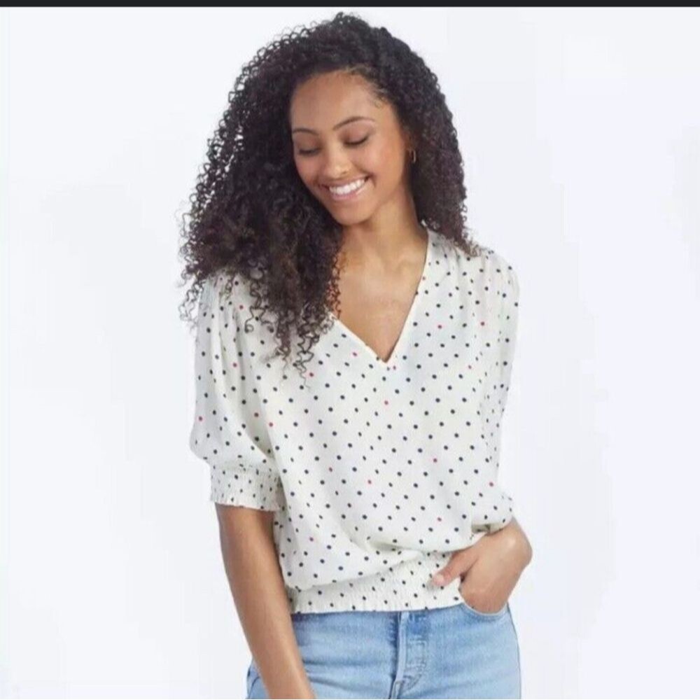 Summersalt Black and White Polka Dot Puff Sleeve V-neck Top Size Medium